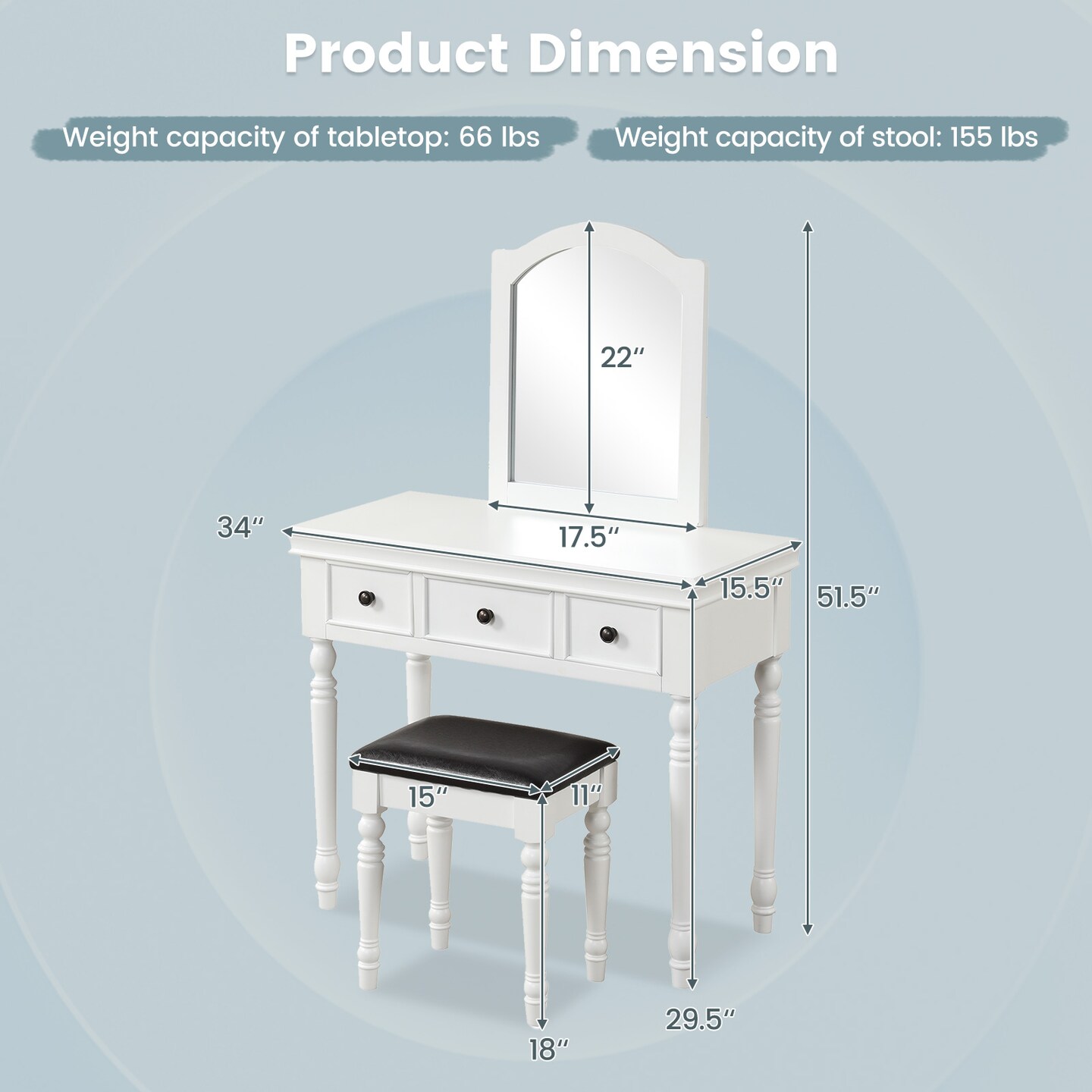 Makeup Vanity Table And Stool Set With Detachable Mirror And 3 Drawers Storage