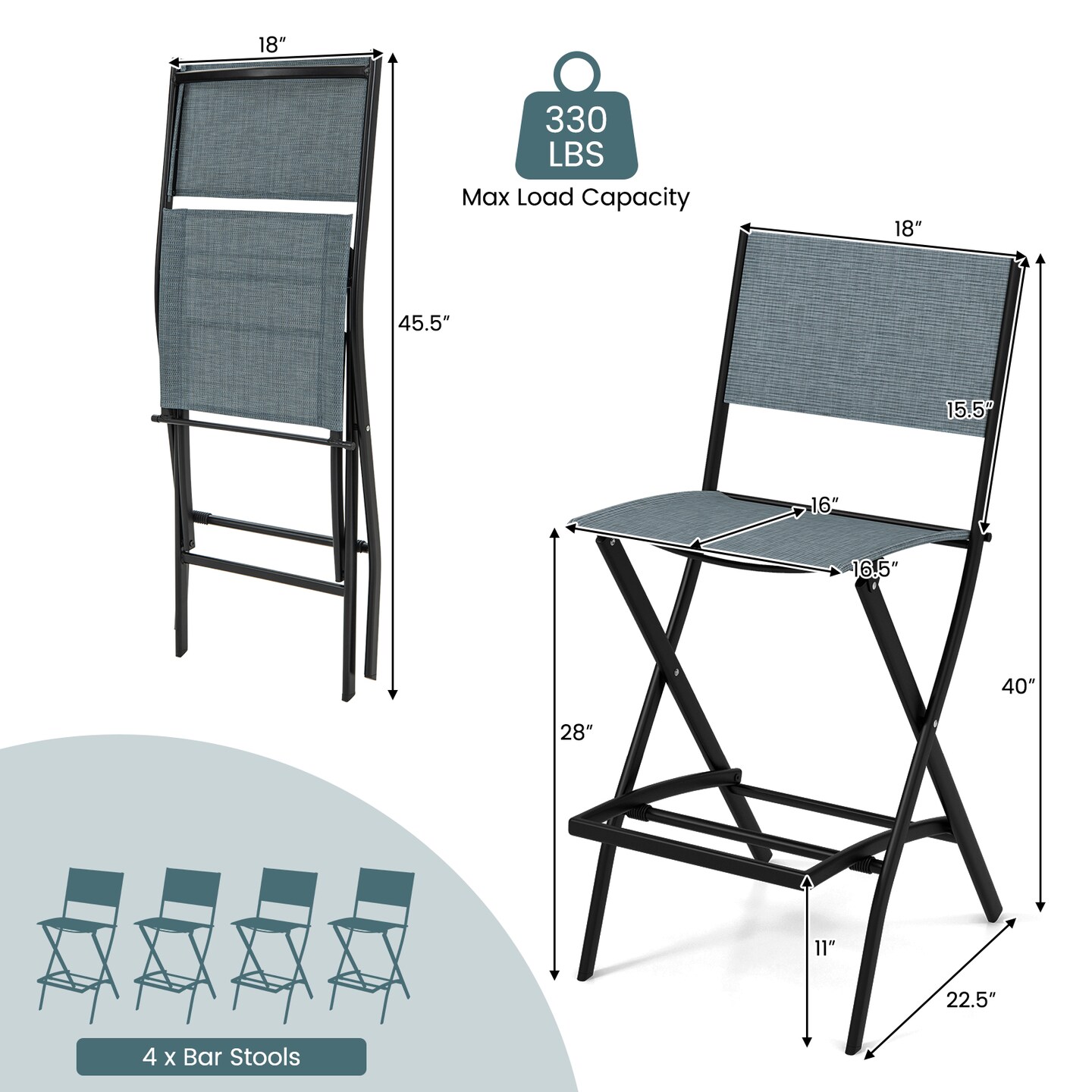 Outdoor Folding Bar Height Stool Set Of 4 With Metal Frame And Footrest