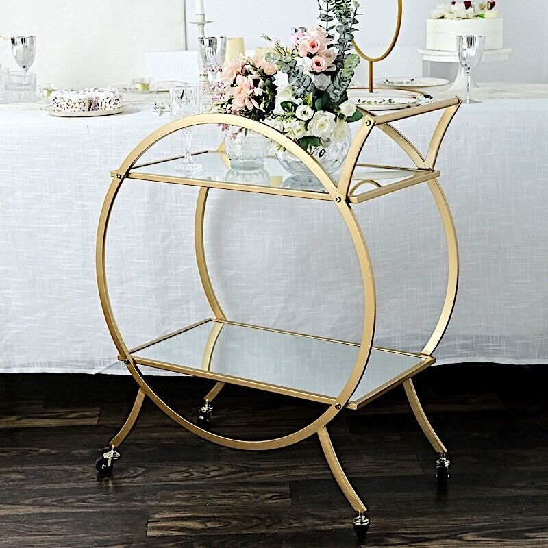 2.5 feet Gold 2-Tier Round Metal Bar Cart Mirror Glass Serving Trays