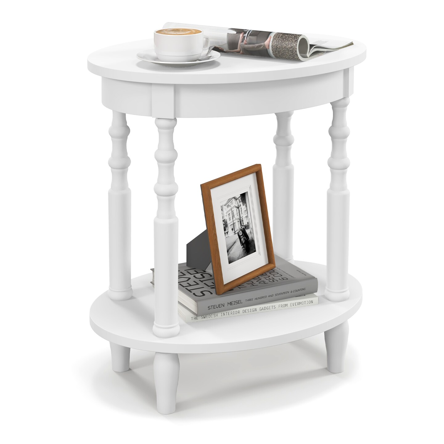 2-tier Oval Side Table With Storage Shelf And Solid Wood Legs