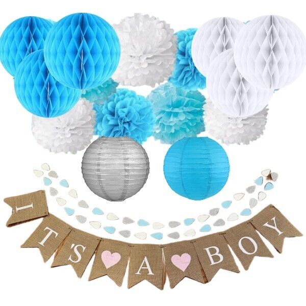 Ouddy Party Blue Baby Shower Decorations With Its A Boy Banner, Baby Boy Letter Metallic Blue Gray Silver Balloon Paper Pom Poms Honeycomb Ball For Baby Shower Gender Reveal Party Supplies