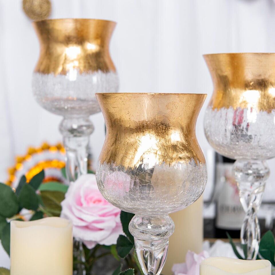 3 pcs Clear Gold Hurricane Glass Candle Holders Vases Centerpieces