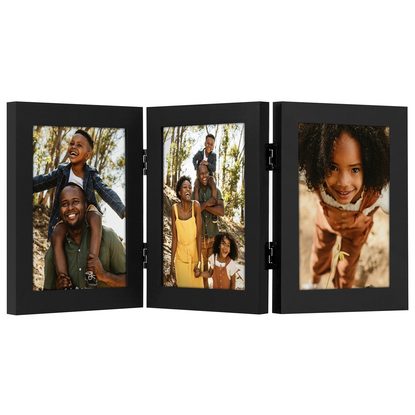 Americanflat 5x7 Tri-Folding Picture Frame - Displays Three Photos at Once - Triple Hinged Frames - Shatter Resistant Glass - Desk Display Picture Frame - Black