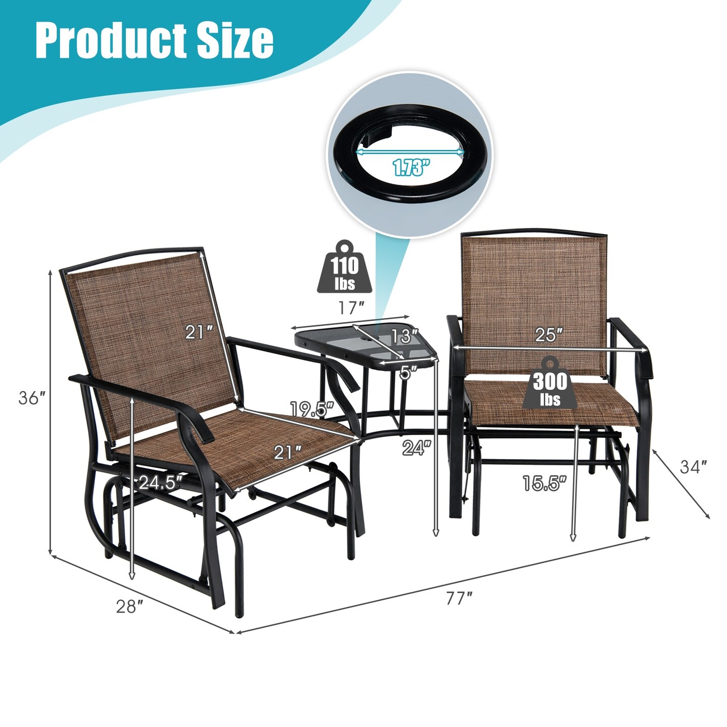Double Swing Glider Rocker Chair Set With Glass Table