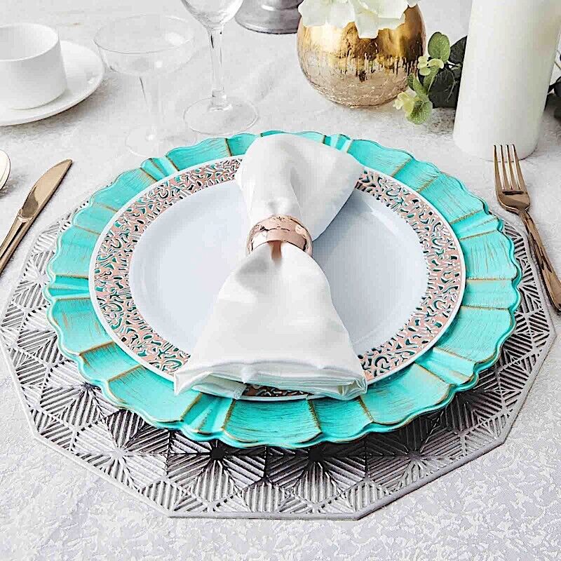 6 TURQUOISE GOLD 13&#x22; Round Scalloped Trim Charger Plates