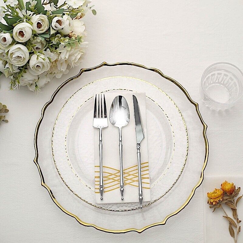 50 CLEAR 10&#x22; Round Salad PLATES Hammered GOLD Trim