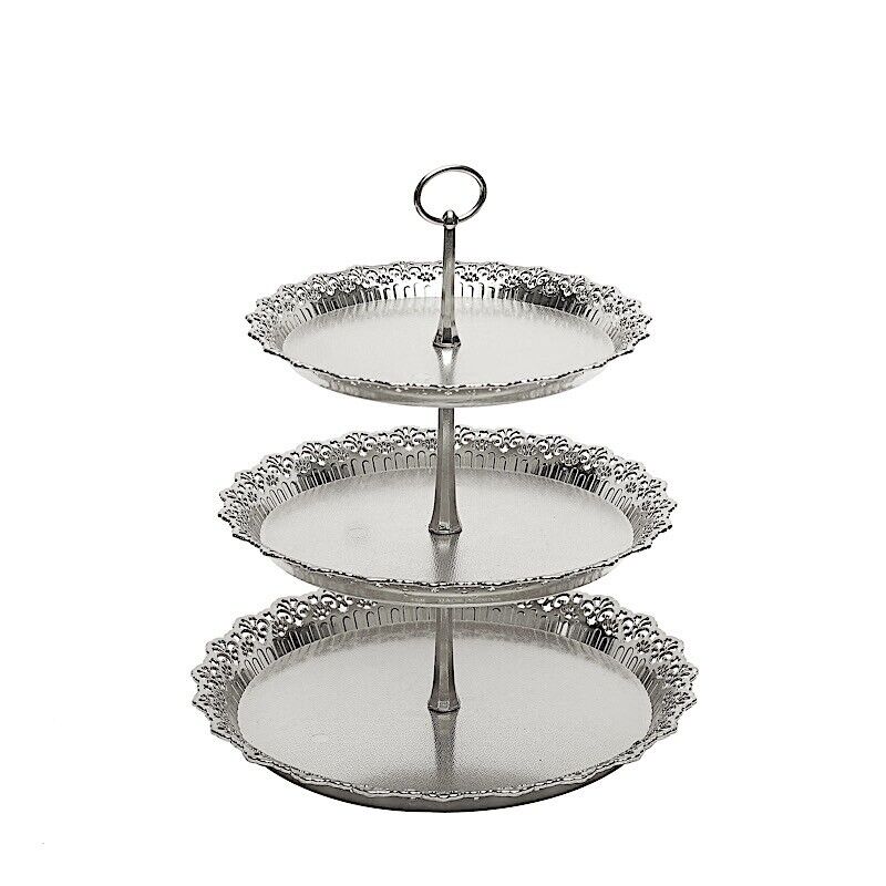 SILVER 15" Plastic 3 Tier Metallic Round CUPCAKE DISPLAY Tower Lace Cut