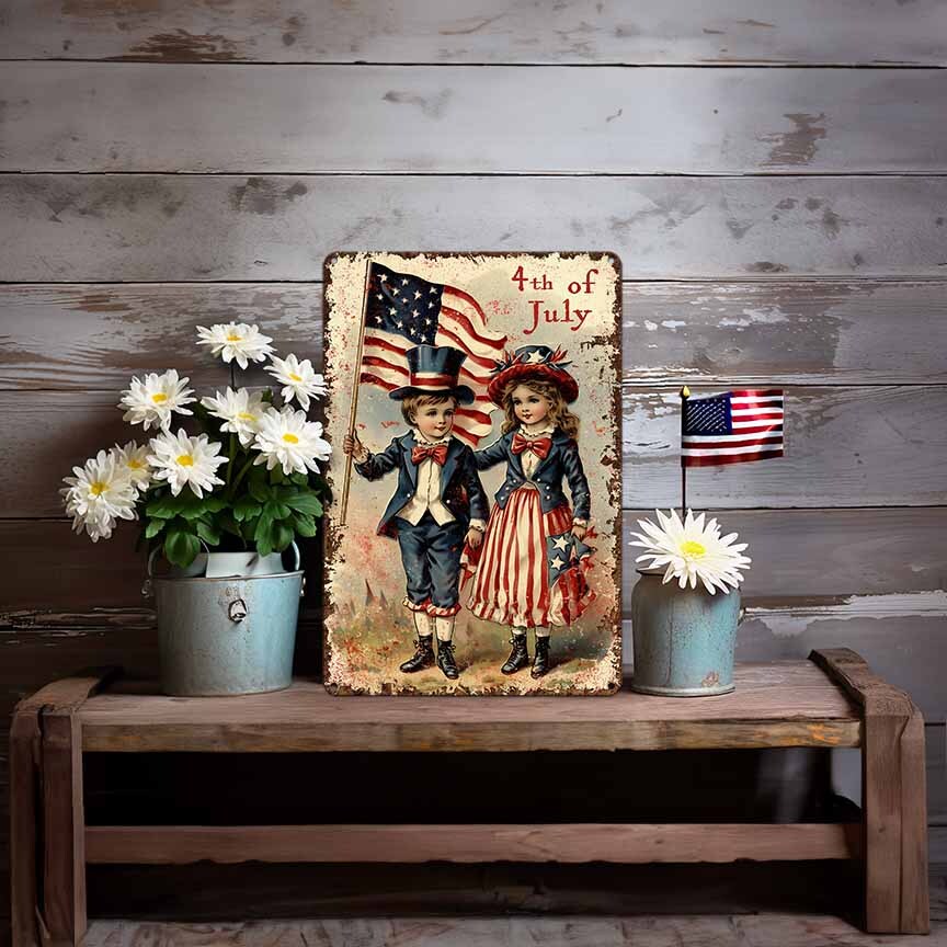 July 4th Decor - Vintage Card Art Sign - Independence Day Mantle