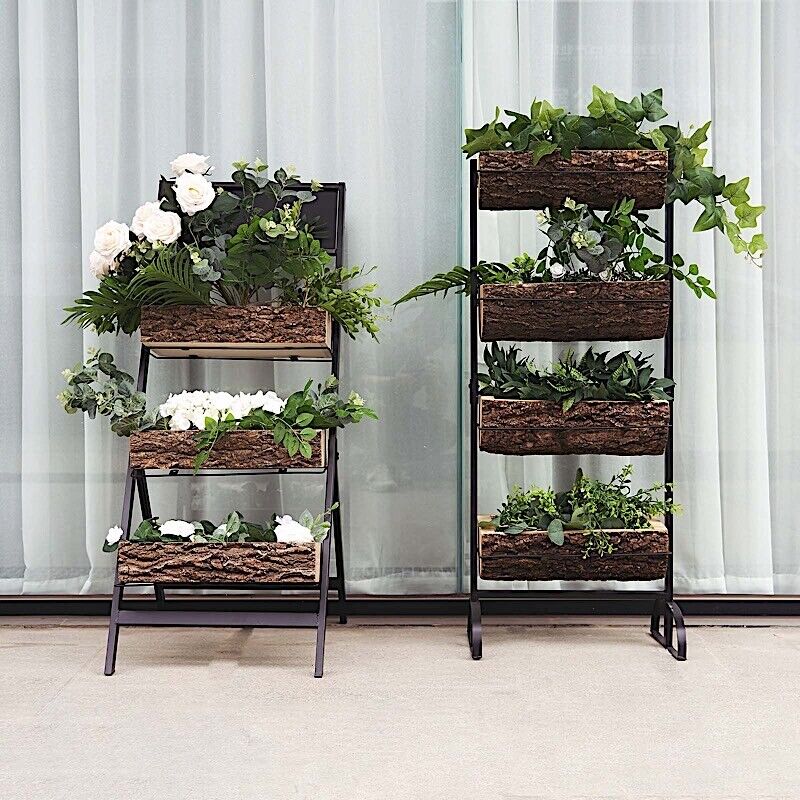 Black Brown 3 Tier METAL STAND Natural Wood PLANTER BOXES