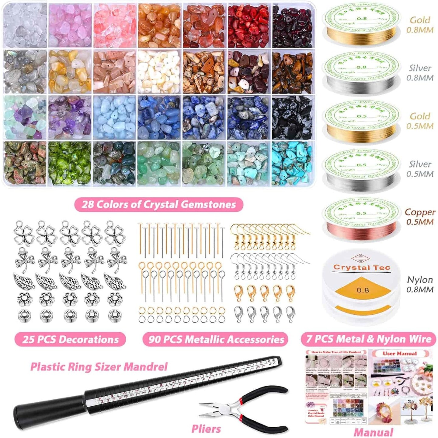 Ring Making Kit with Crystal Beads, 28 Colors Crystal Jewelry Making Kit with Crystals, Jewelry Wire, Pliers and Earring Making Supplies for Jewelry Making