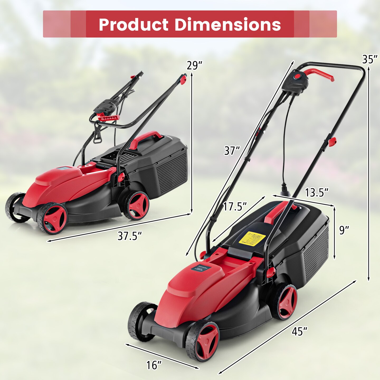 10-AMP 13.5 Inch Adjustable Electric Corded Lawn Mower with Collection Box - 45" x 16" x 35"
