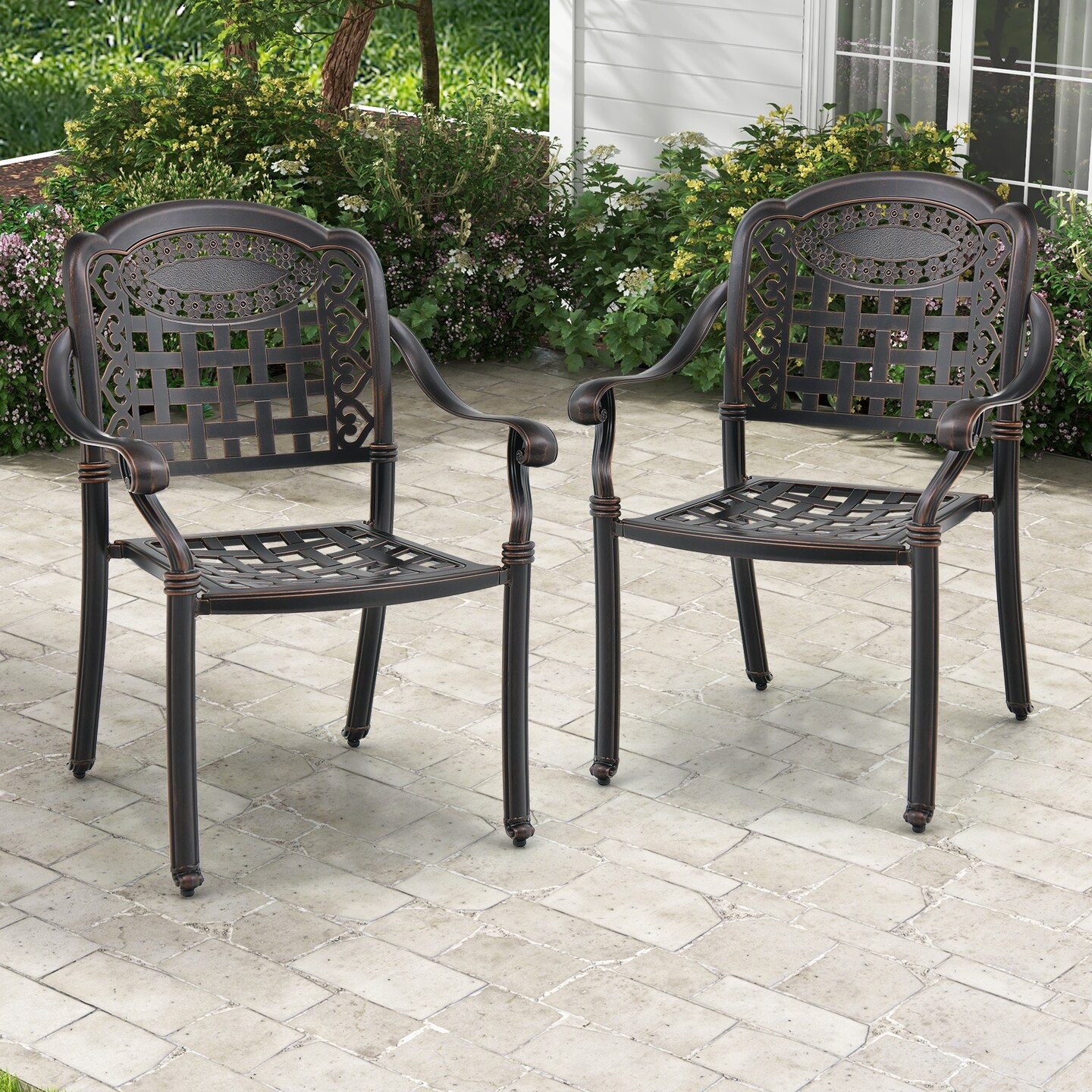 Set Of 2 Cast Aluminum Patio Chairs With Armrests