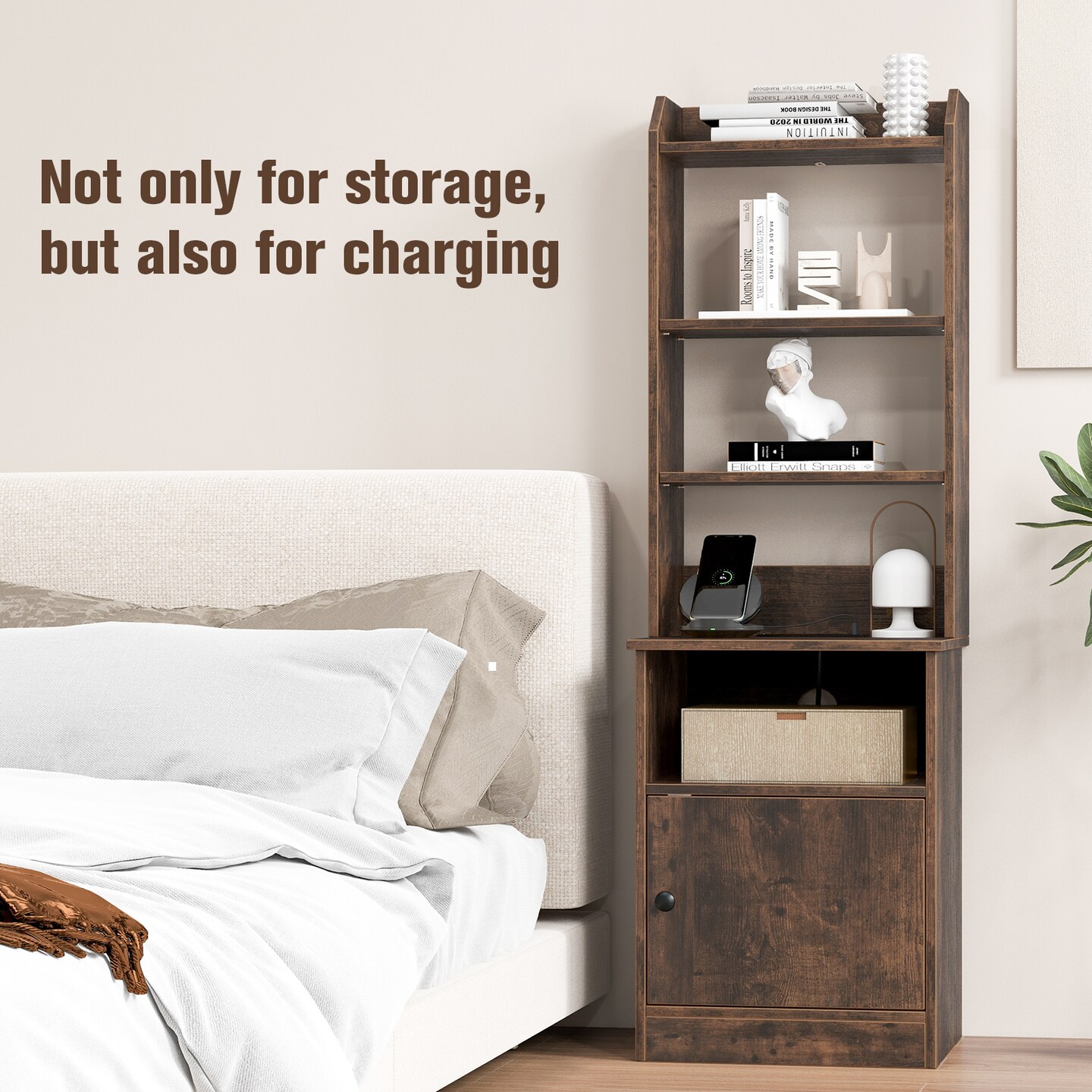 Bedside Tables Tall Nightstands with 5 Open Shelf and 2-Tier Storage Cabinet, Charging Station