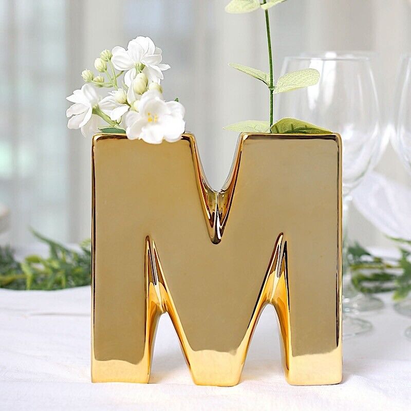 GOLD 6&#x22; Ceramic M Symbol Flower VASE Table Centerpiece