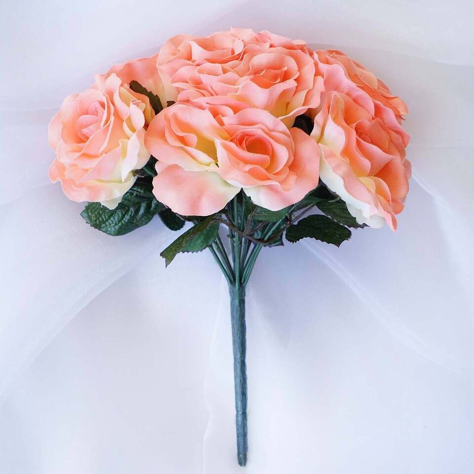 PEACH 12&#x22; tall Velvet Roses ARTIFICIAL FLOWERS Bouquet