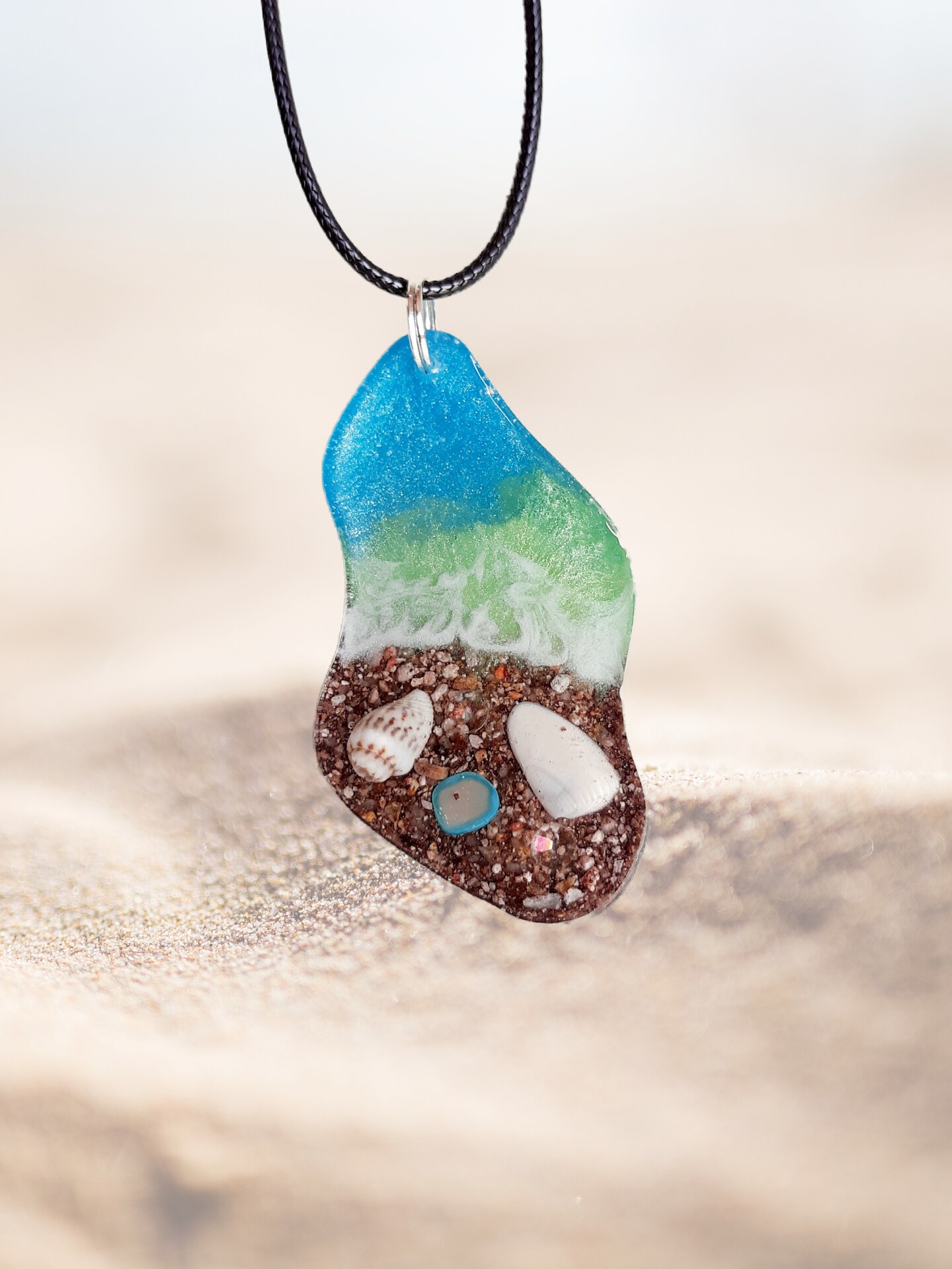 Ocean Resin Pendant Necklace with Real Shells and Beach Waves