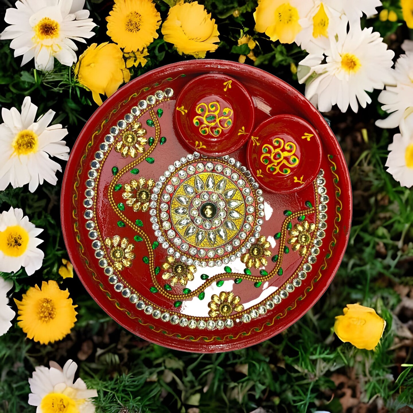 Rhinestone Pooja Aarti Thali with Bowls Meenakari Work Red Painted Handmade Stylish Platter Haldi Kumkum Thali Ganesh Pooja Teej Diwali Pooja Thali Housewarming Gift