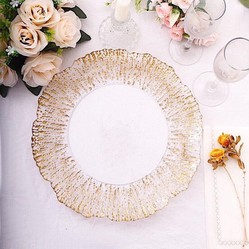 6 Clear 12&#x22; Round Plastic CHARGER PLATES Gold Reef Rim Design