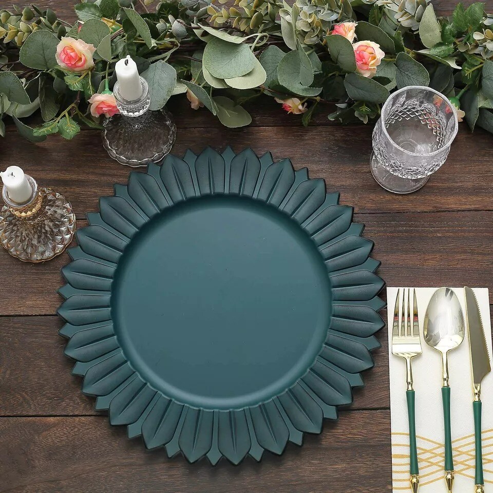MATTE TEAL 6 Matte 13&#x22; Sunflower Design Plastic Dinner CHARGER PLATES