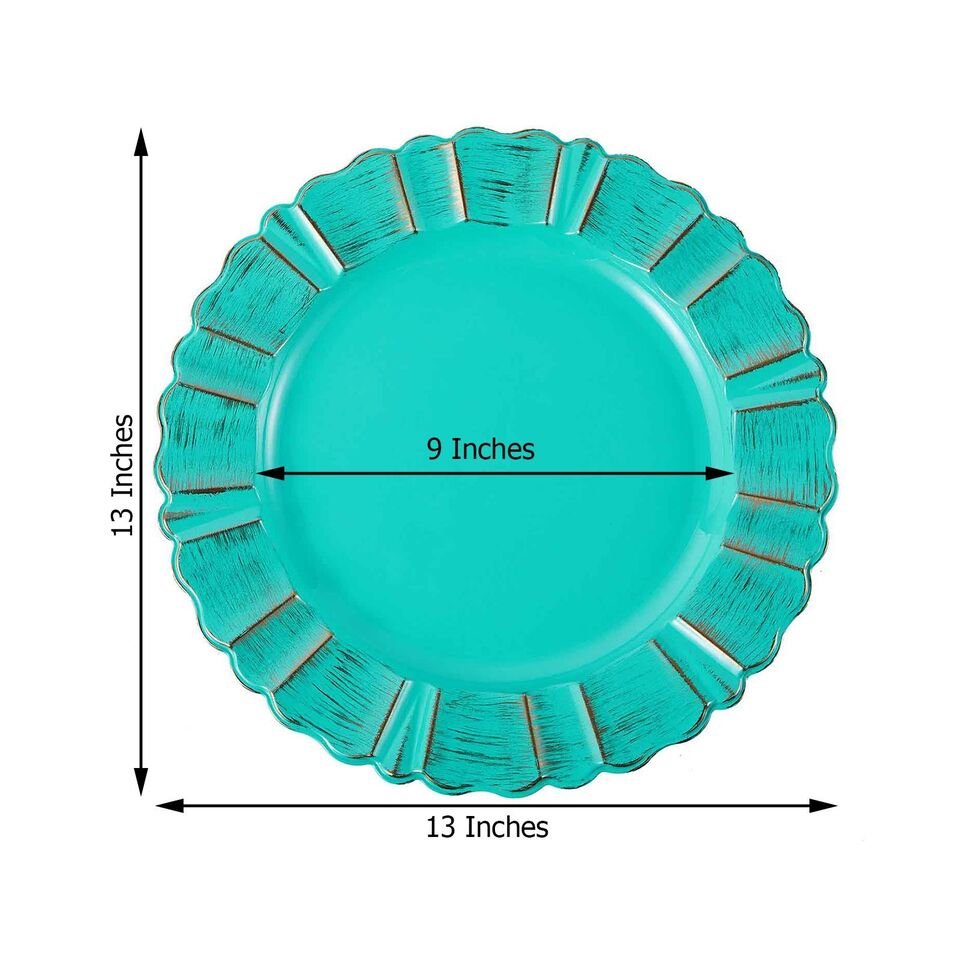 6 TURQUOISE GOLD 13&#x22; Round Scalloped Trim Charger Plates