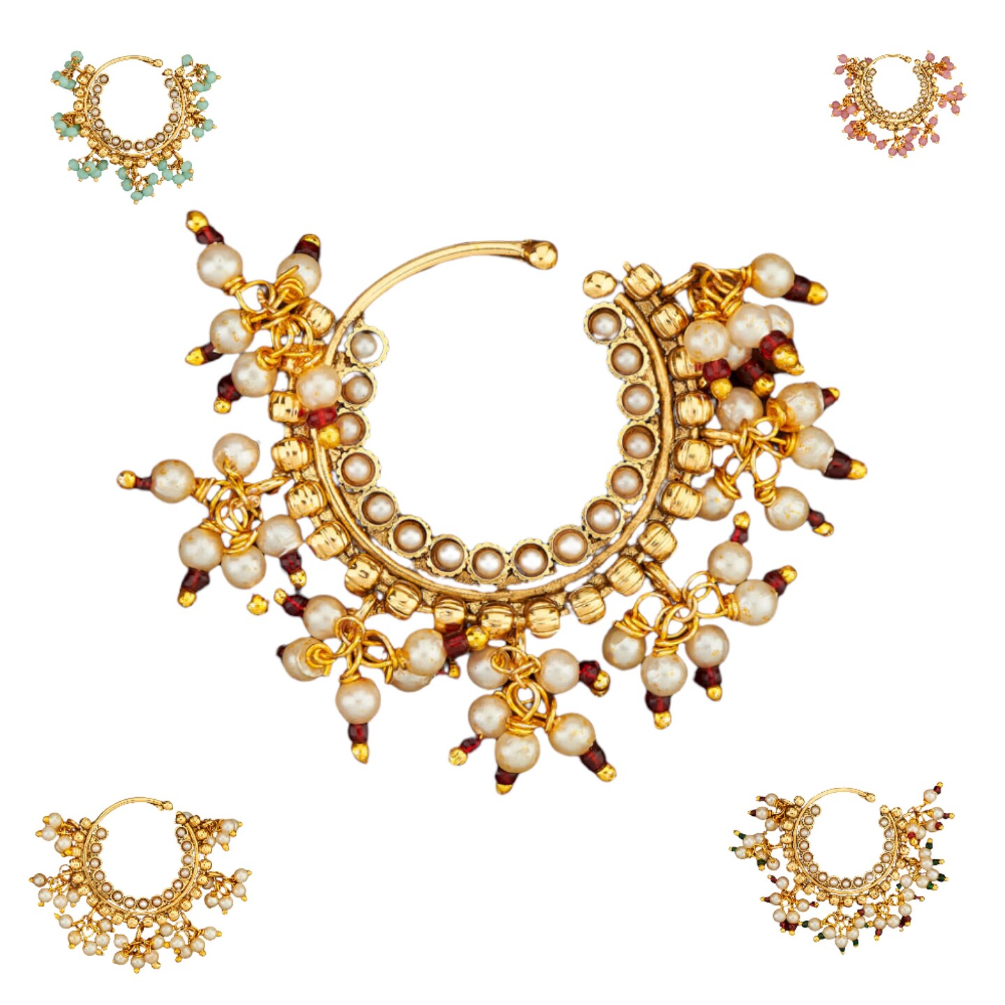 Indian Marathi Nath for Women - Indian Golden Pressing Moon Marathi Nose Ring Indian Jewelry Clip-On Marathi Bridal Nathani Bollywood Faux Pearl Non-Piercing Jewelry for Women Gift For Her