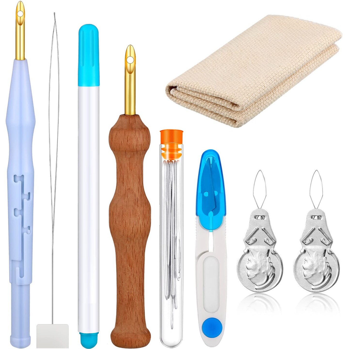17 Piece Punch Needle Embroidery Kits Adjustable Rug Yarn Punch Needle Wooden Handle Embroidery Pen Needle Threader Punch Needle Cloth for Embroidery Floss Cross Stitching Beginner (Blue, Sky Blue)