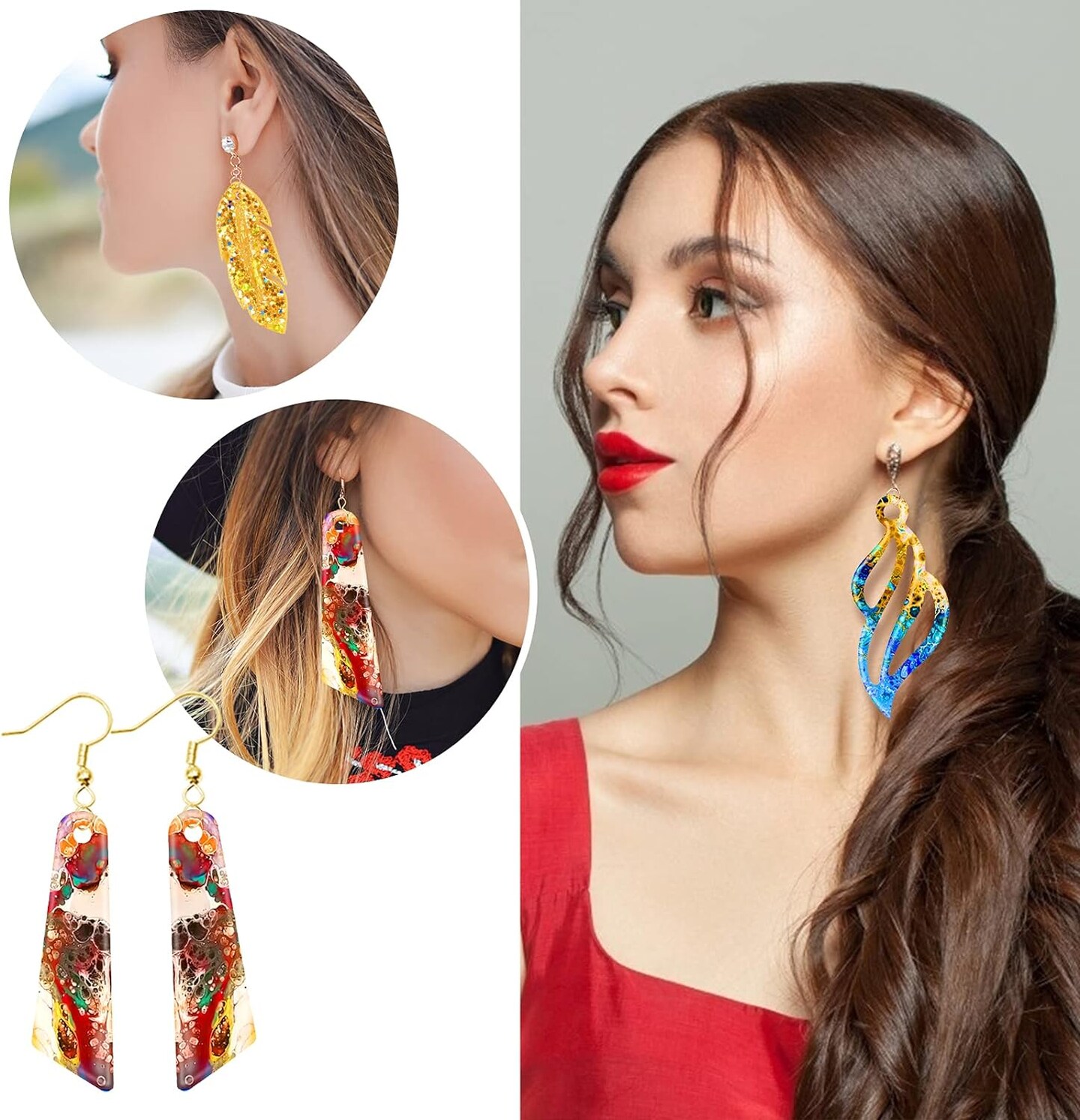 95pcs Resin Jewelry Molds Kit, 5 Pairs Earring Silicone Molds Epoxy Casting Molds with Hole, Sets of Earring Hooks, Jump Ring, Eye Pins for Resin Jewelry, Pendant, Key Chains