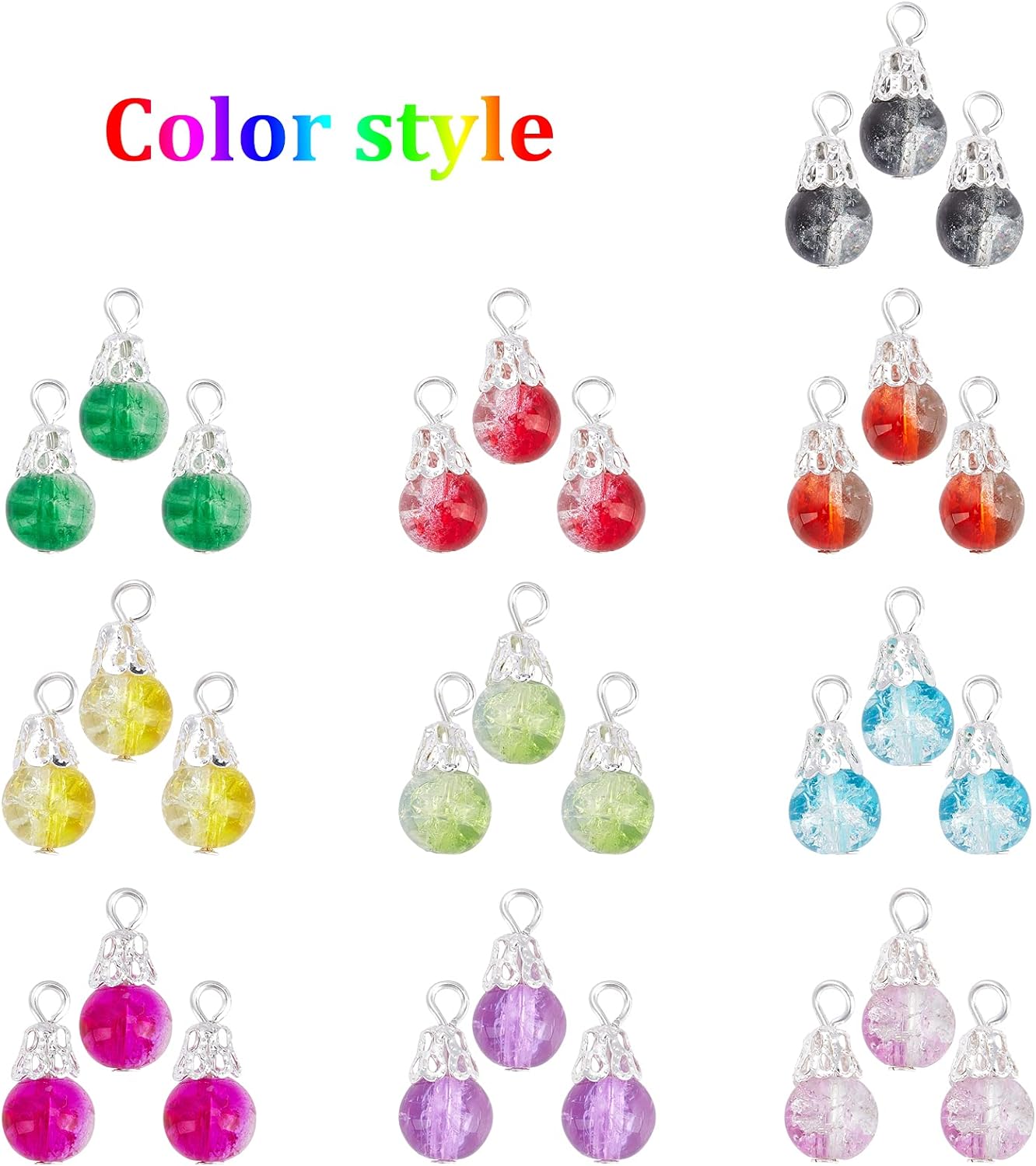 100pcs Crystal Dangle Charms, Crackle Glass Drop Beads Charms 10 Color Dangle Bead with Silver Bead Cap Drops Beads Charms Pendants for Jewelry Making Necklace Earring