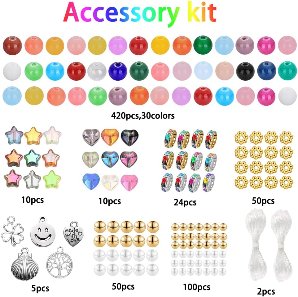 671pcs Glass Beads Bracelet Making Kits 30 Colors 8mm Crystal Beads for Jewelry Making Round Gemstone Stone Beads with Rondelle Spacer Beads DIY Crafts for Girls Adults