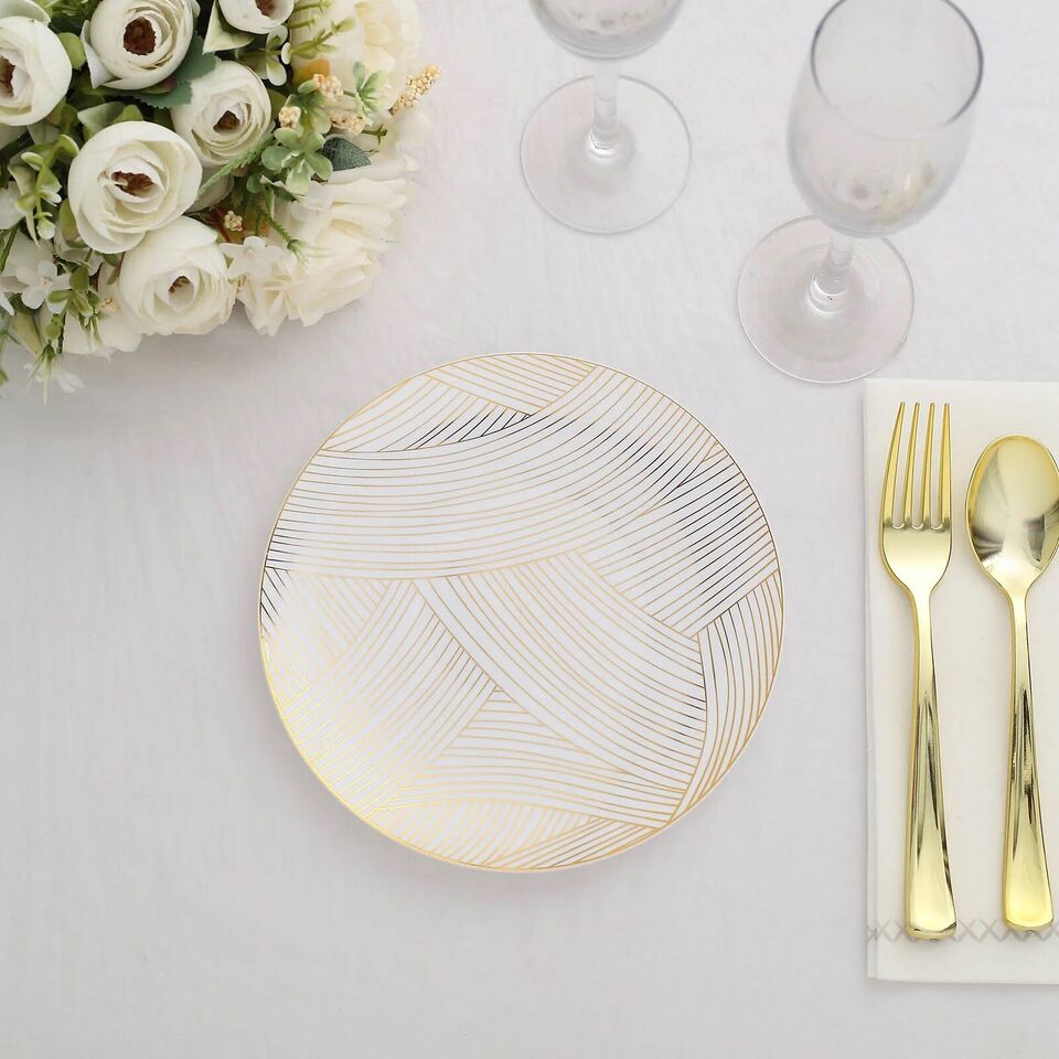 10 Round 7 in White Gold Strokes Disposable Salad Dinner Plastic PLATES
