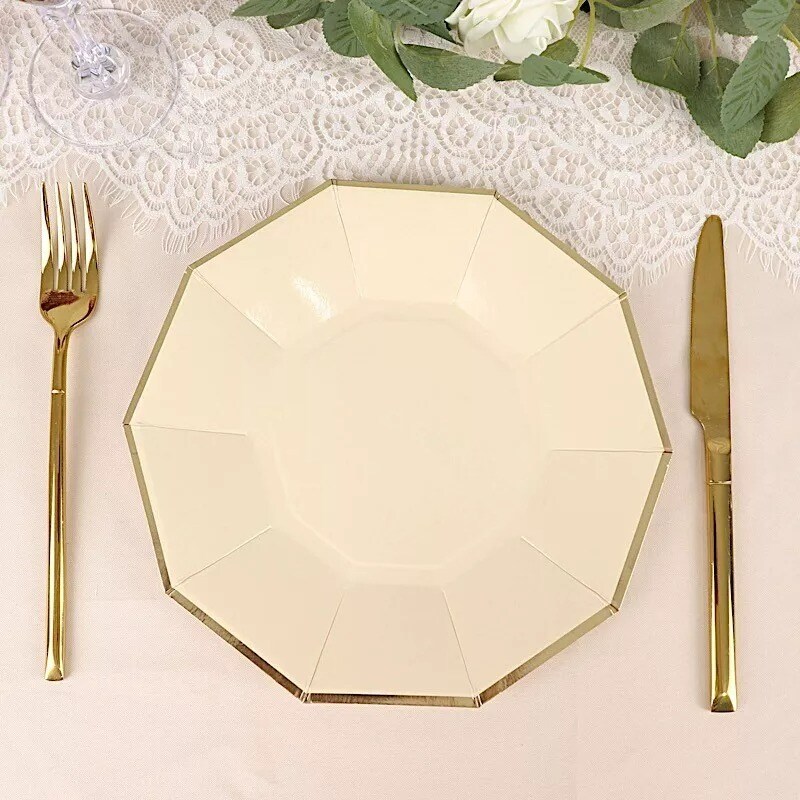 25 BEIGE 9&#x22; Decagon Salad Dinner Paper Plates Disposable Tableware