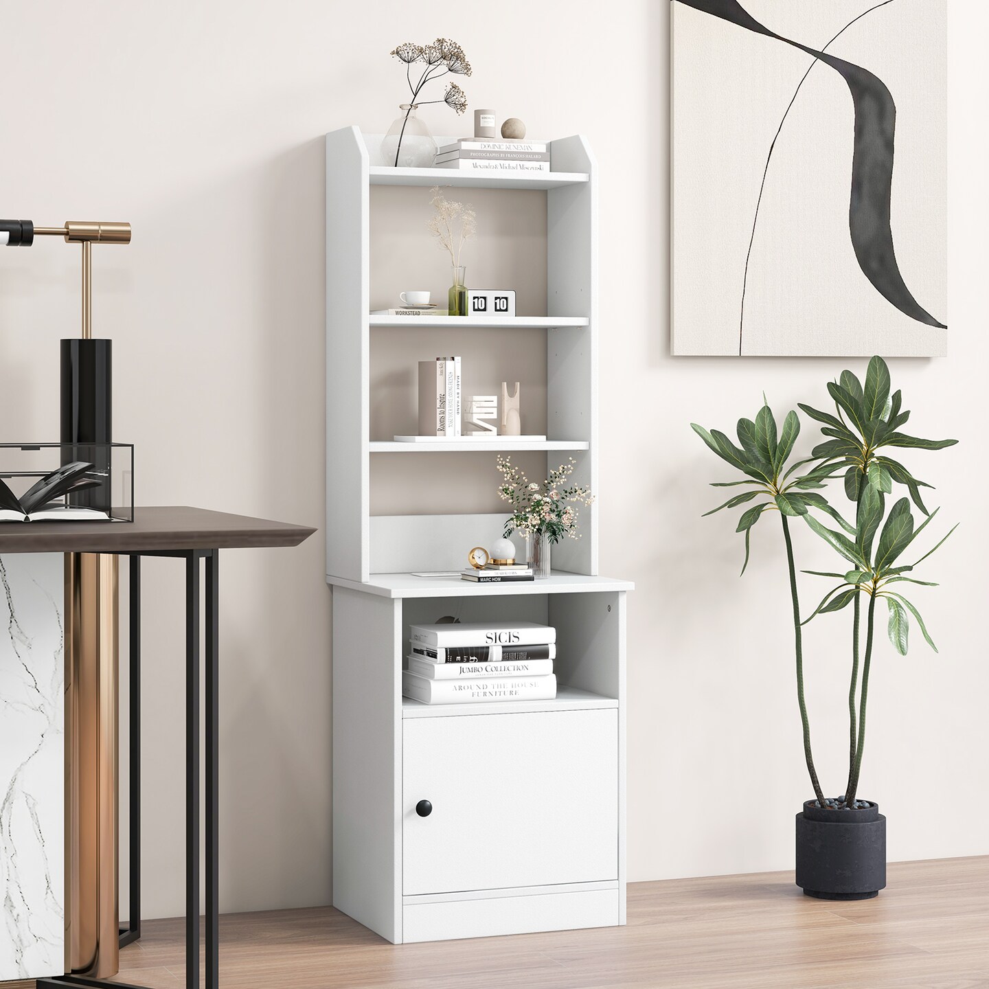 Bedside Tables Tall Nightstands with 5 Open Shelf and Cabinet