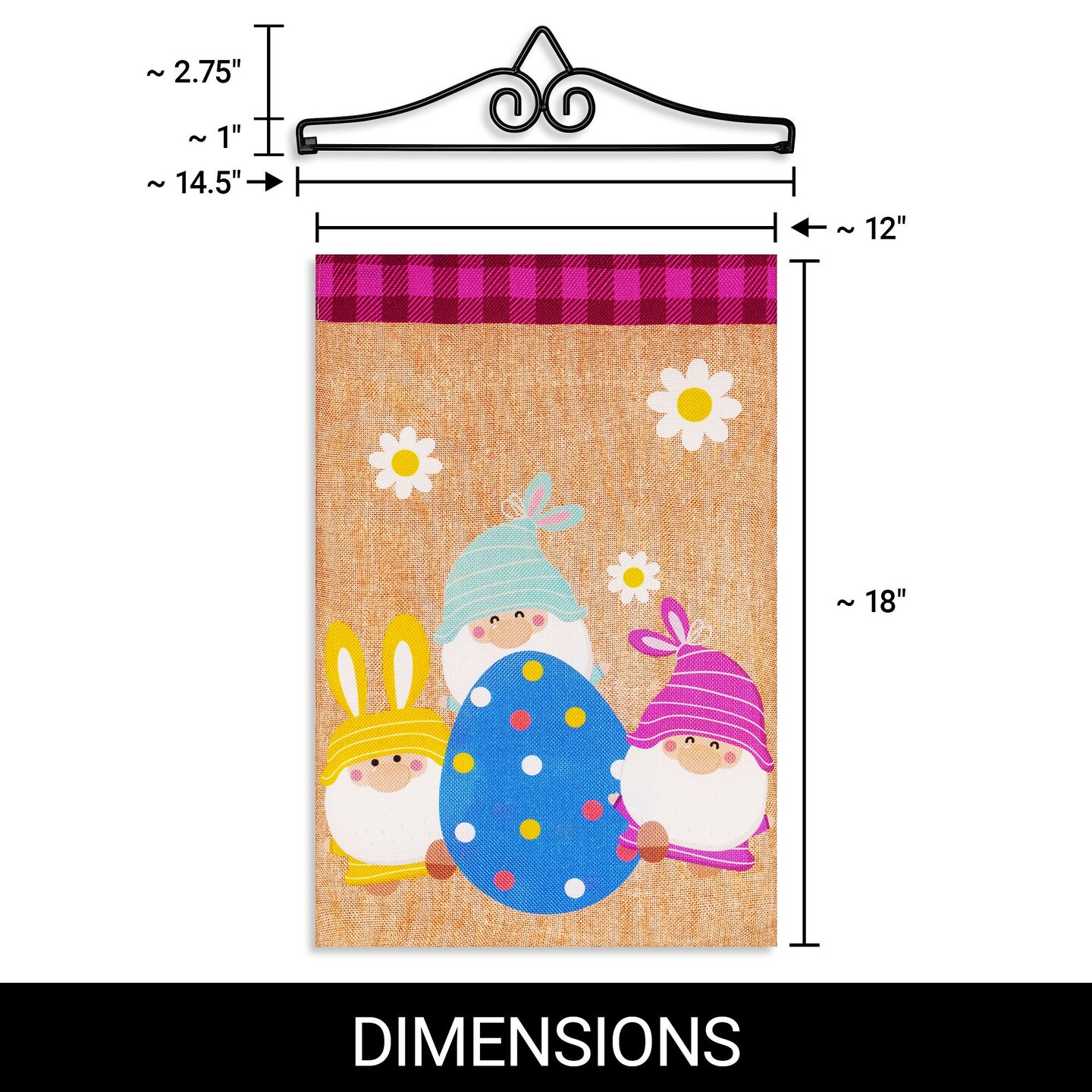 G128 Combo Pack Garden Flag Hanger 14IN & Garden Flag 3 Gnomes with Large Easter Egg 12x18IN Printed Double Sided Burlap Fabric