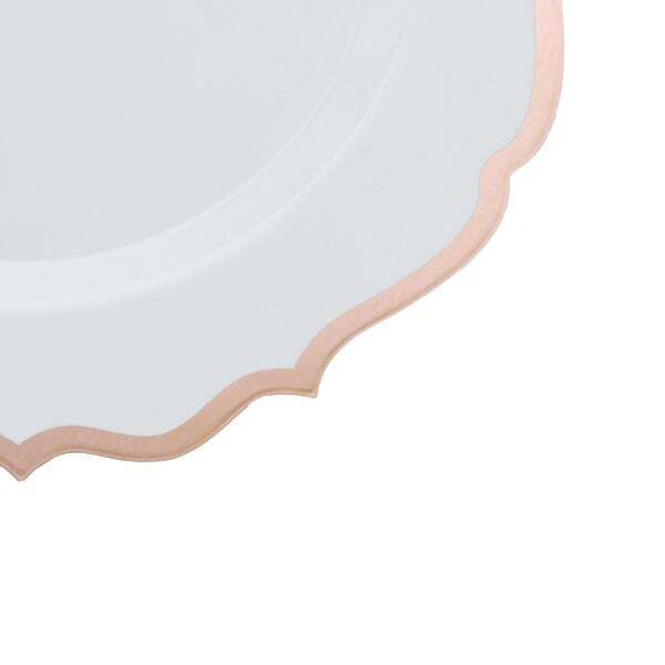 10 WHITE 10.5&#x22; Round Plastic Dinner Plates ROSE GOLD Scalloped Rim
