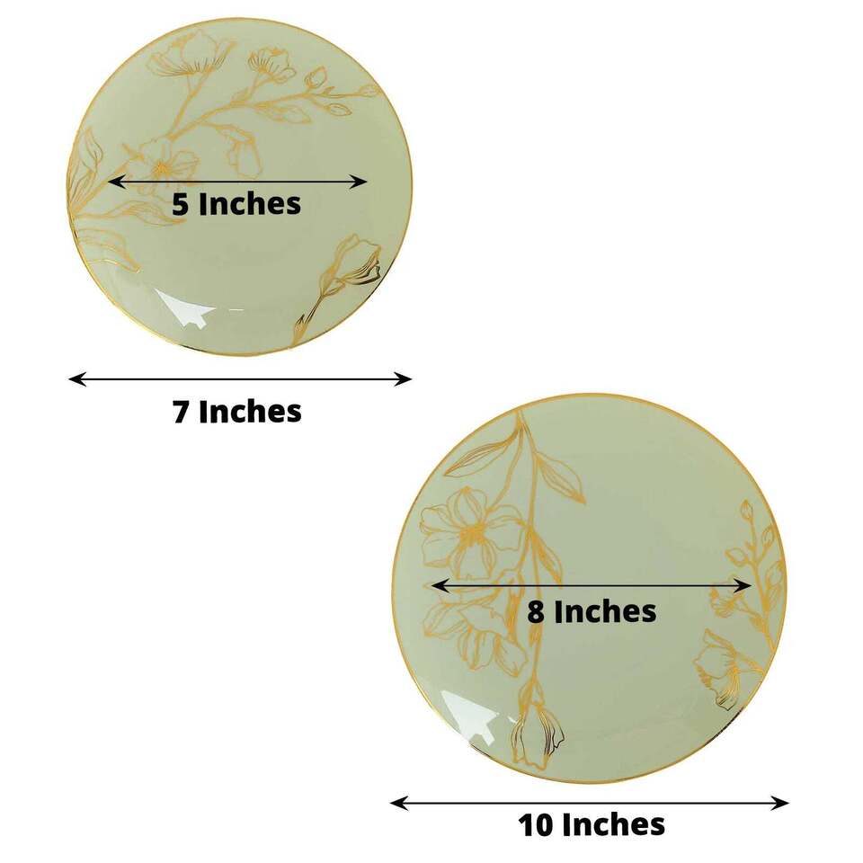 20 Round SAGE GREEN Plastic Salad Dinner PLATES Gold Floral Design