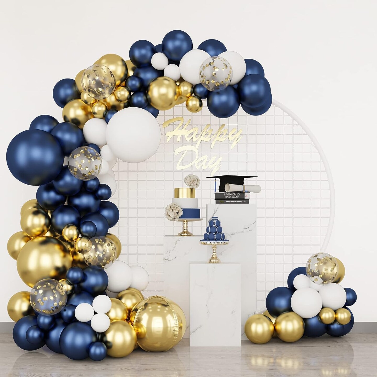 174pcs Navy Blue Gold Balloons Garland Arch Kit, Metallic Gold Latex White Confetti Mixed Sizes Balloons Foil Balloons for Baby Shower Birthday Party Wedding Graduation Decoration