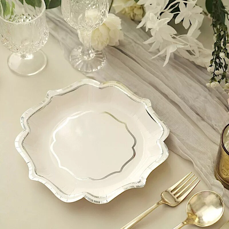 25 WHITE SILVER 8" Paper Salad DINNER PLATES Scallop Rim Design