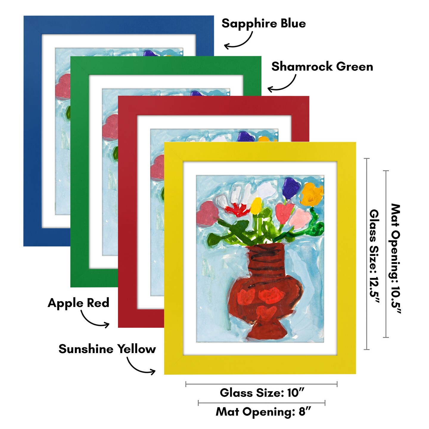 Americanflat 10x12.5 Kids Art Frame - Set of 4 - 8.5x11 with Mat or 10x12.5 without Mat - Kids Artwork Frame - Magnetic Frame Closure - Shatter Resistant Glass - Hanging Hardware
