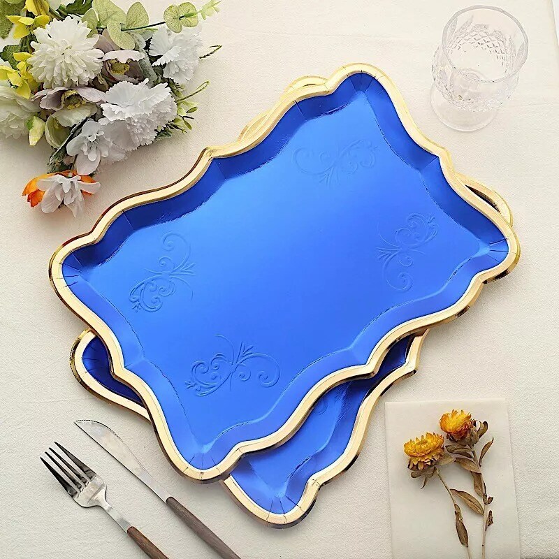 ROYAI BLUE 10 Rectangle 14&#x22; Paper SERVING TRAYS Scroll Design