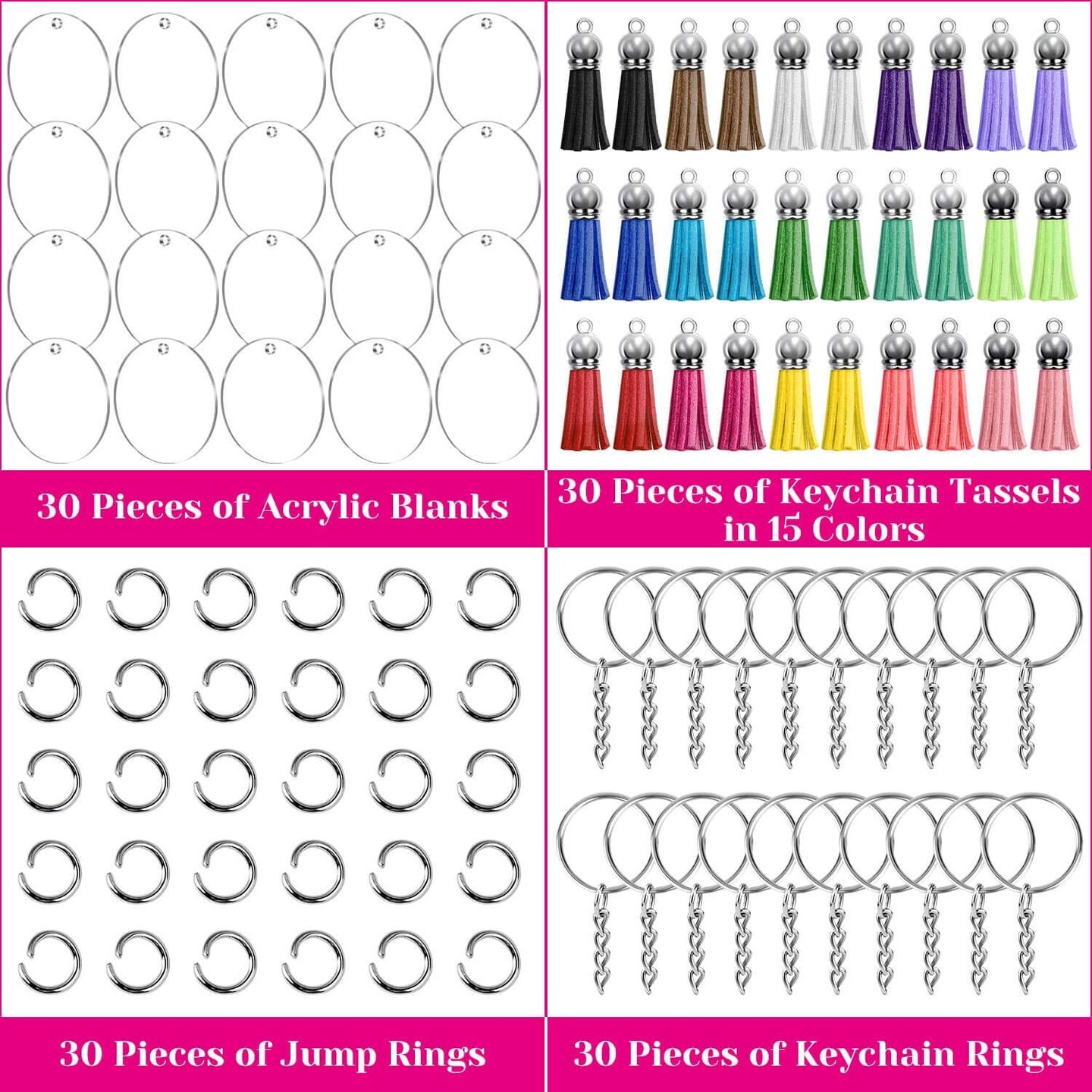 120pcs Acrylic Keychain Blanks for Vinyl Kit Including 30pcs Clear Acrylic Blanks, 30pcs Keychain Tassels, 30pcs Key Rings and 30pcs Jump Rings for DIY Key Chain Vinyl Crafting