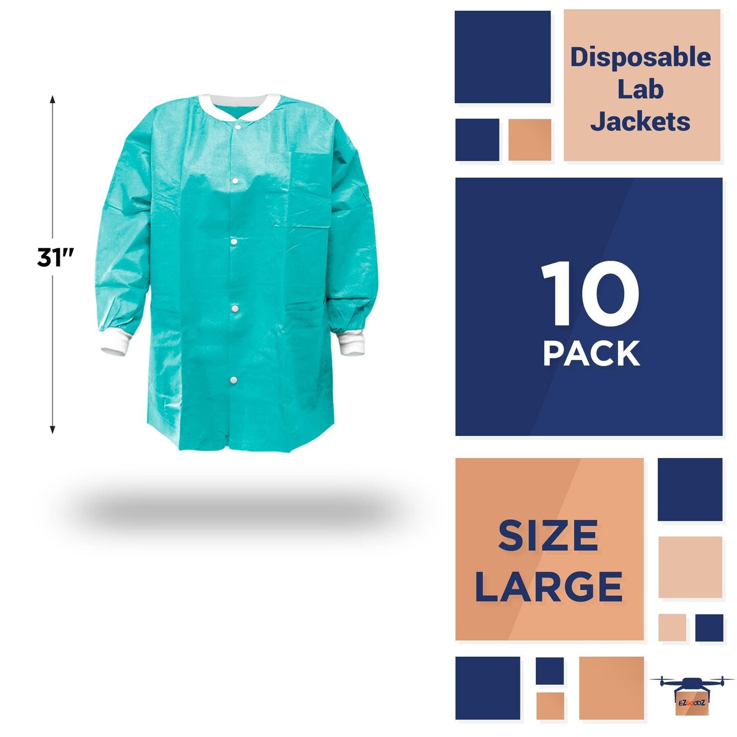 Disposable Lab Jackets Large Pack of 10 Teal Lab Jacket for Men and Women 31 Inches Long PPE Jacket 50 GSM SMS Disposable Jackets Dental with Snaps Front Knit Cuffs &#x26; Collar 3 Pockets