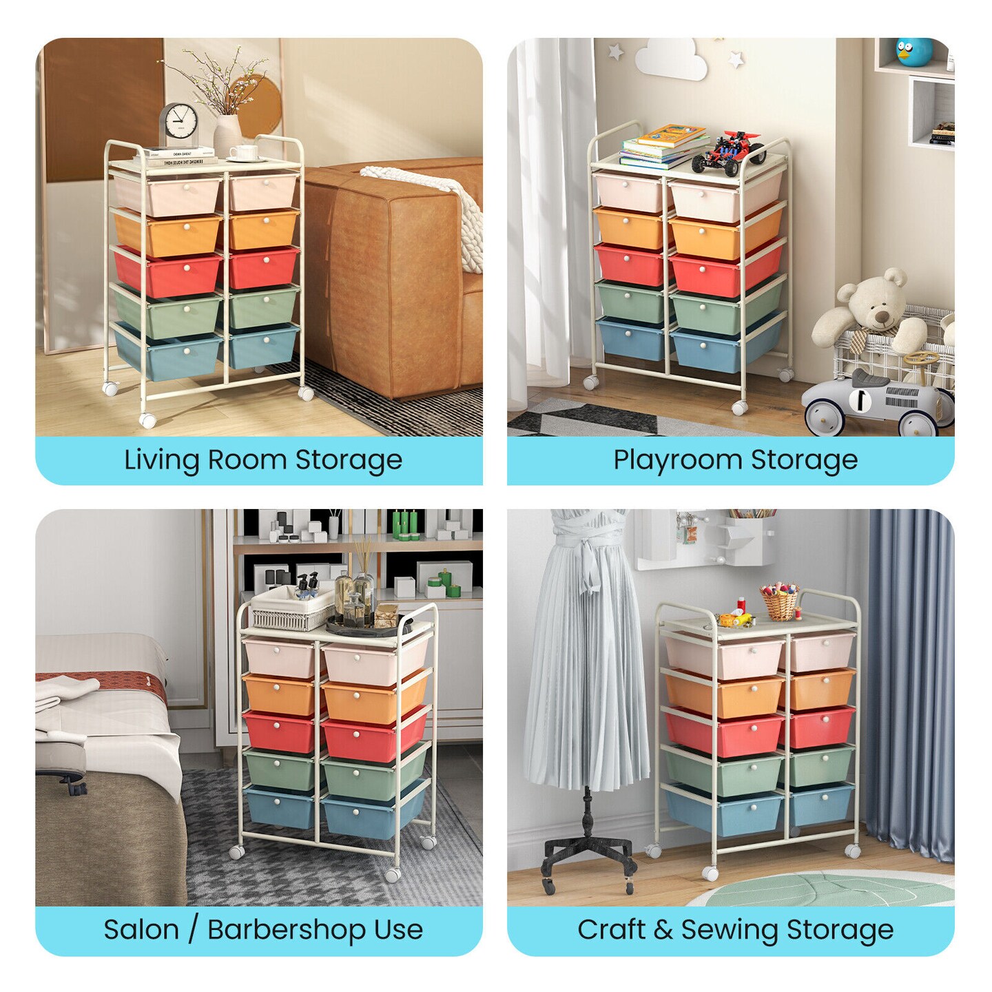 10 Drawer Rolling Storage Cart with Lockable Wheels Metal Frame Organizer for Office Classroom Craft Room Storage