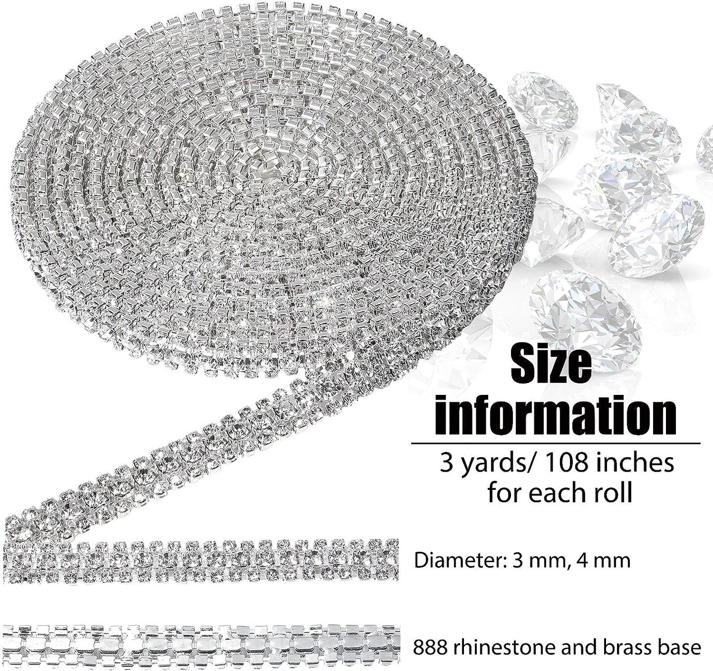 3 Rows Crystal Rhinestone Chain Rhinestone Strips Chain Trim for Sewing Craft, DIY, Wedding, Jewelry, Decoration (White Rhinestone with Silver Base,3 Yard x 0.47 Inch)