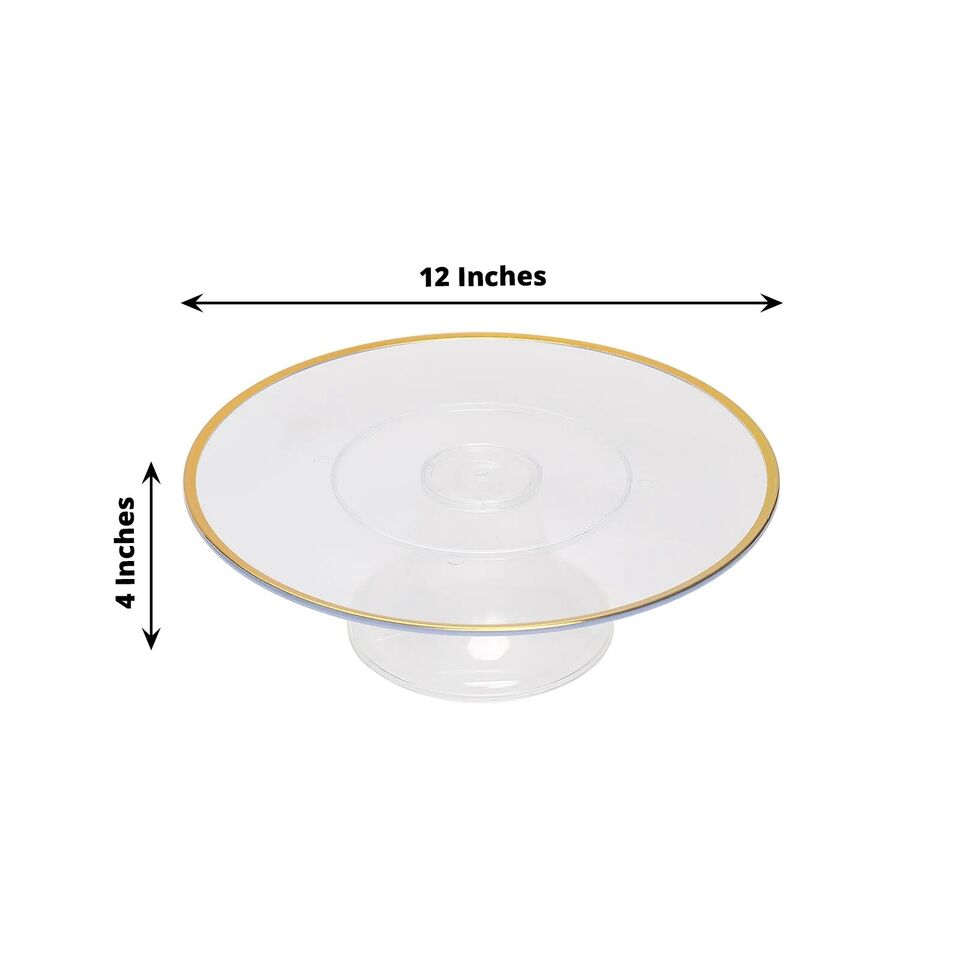 CLEAR 2 Round 12&#x22; Plastic CAKE STAND Dessert Display Riser Gold Rim