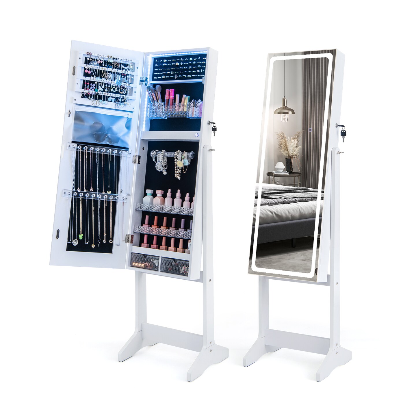 Lockable Jewelry Armoire Standing Cabinet With Lighted Full-length Mirror
