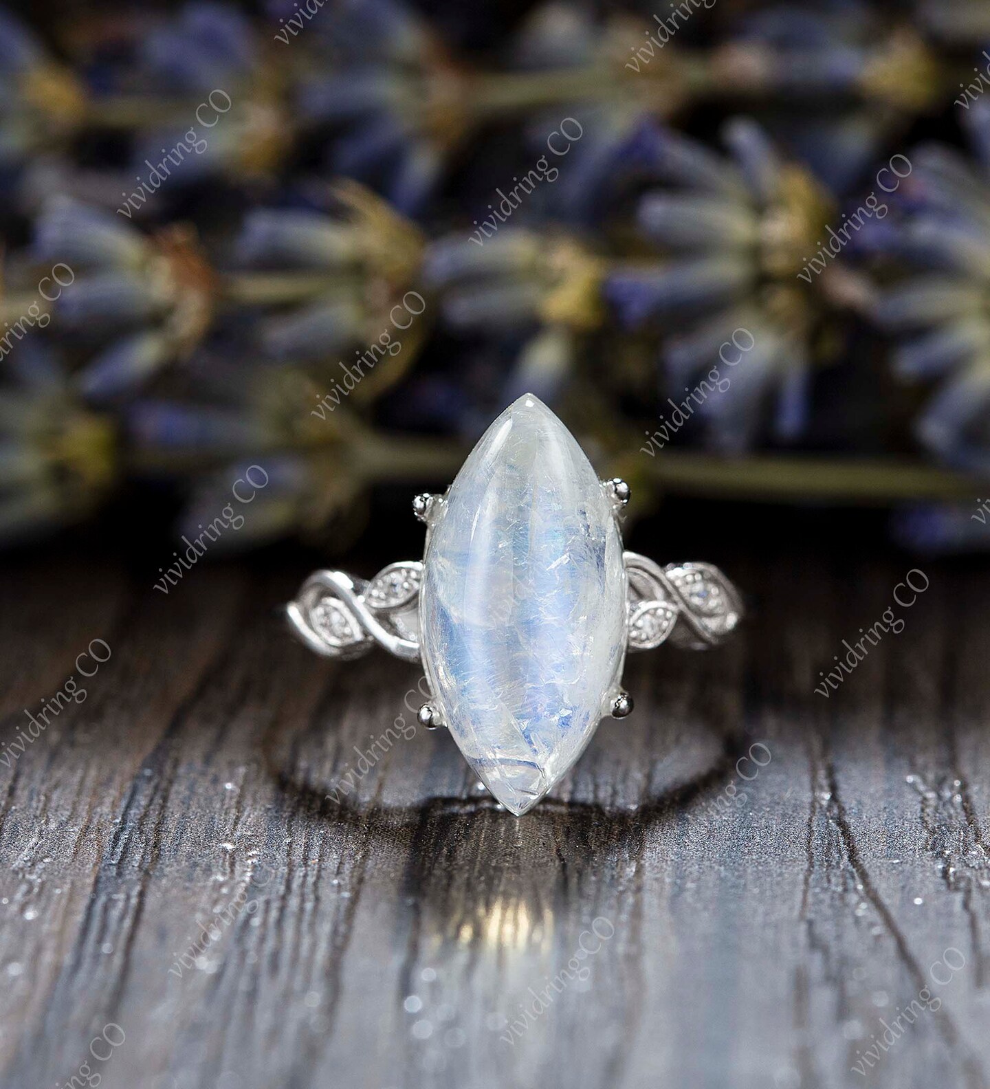 Marquise cut moonstone engagement ring, Vintage moissanite white
