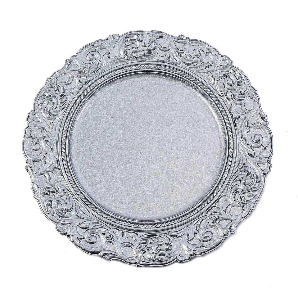 6 SILVER 14&#x22; Round Baroque Metallic Charger Plates