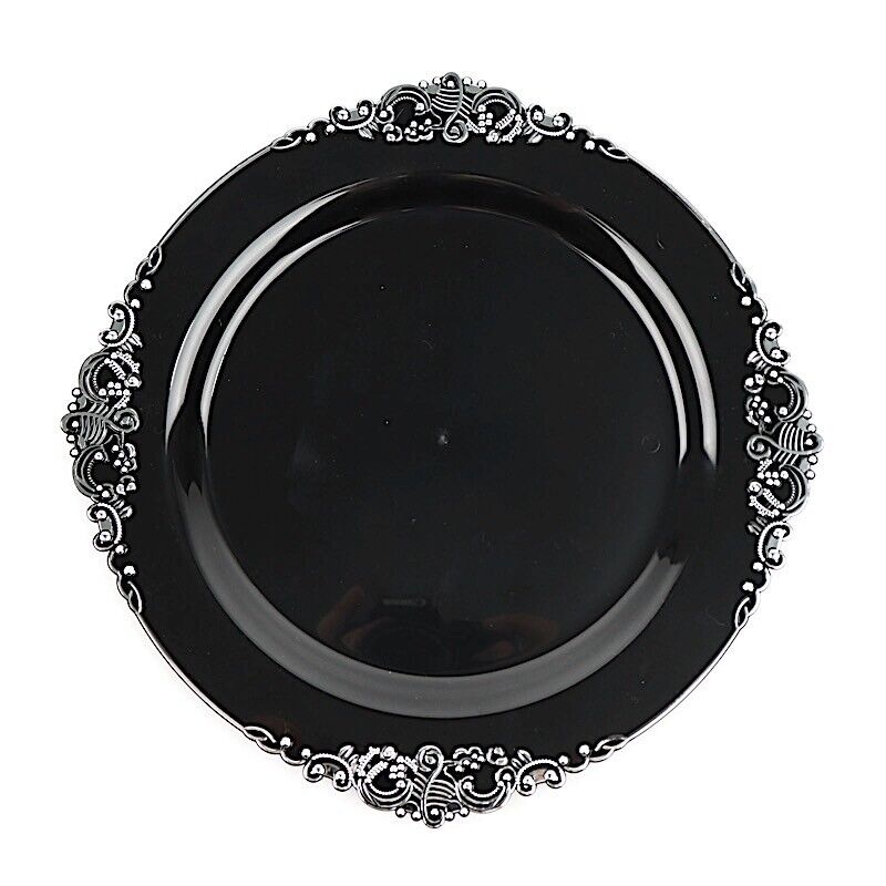 10 BLACK SILVER 10&#x22; Round Plastic Salad Dinner PLATES
