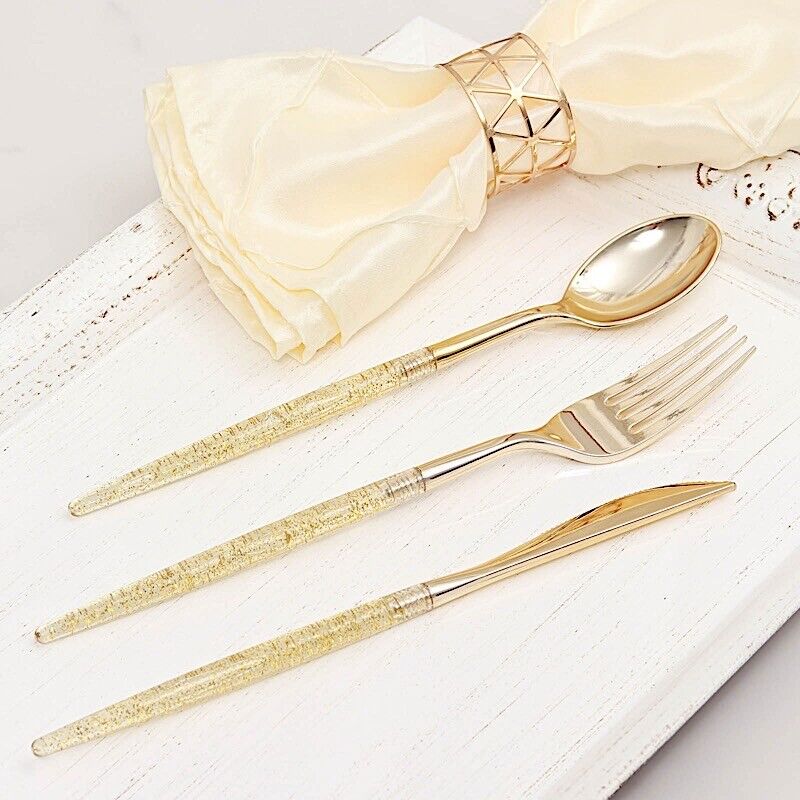 24 Gold Disposable Plastic CUTLERY Spoon Fork and Knife Set