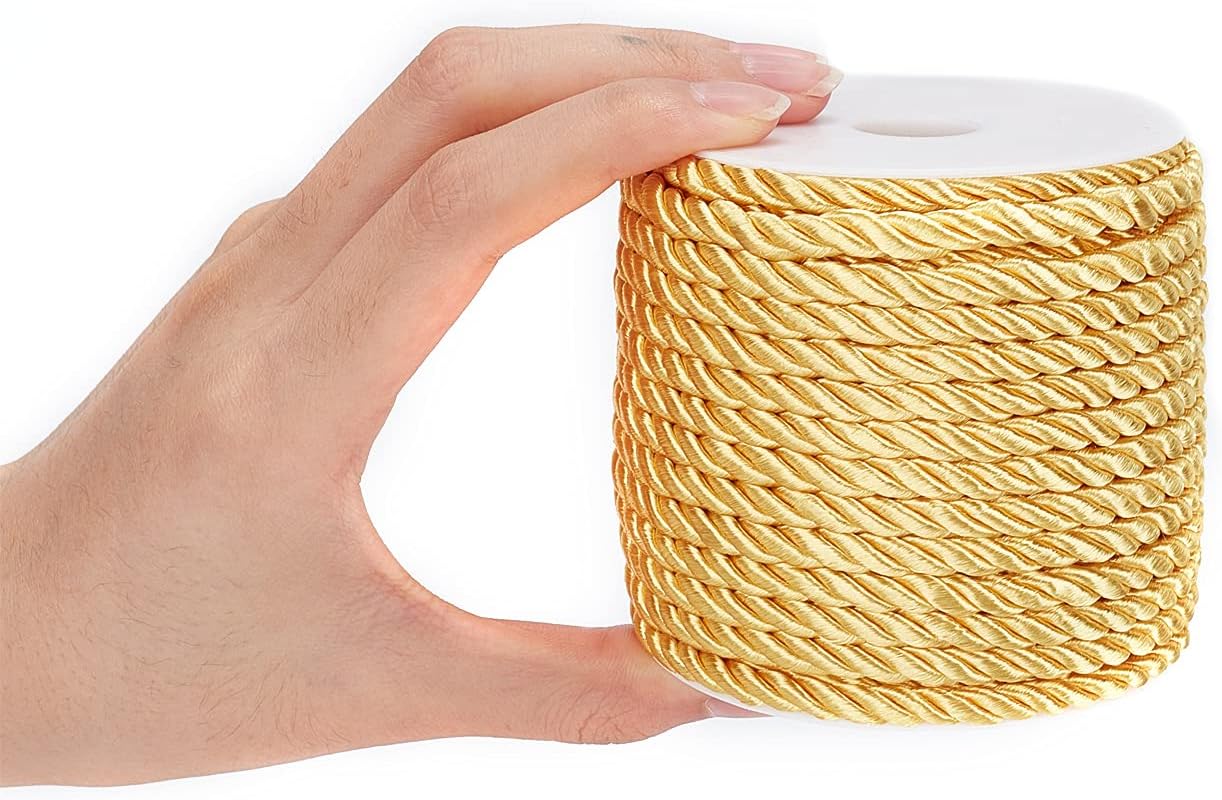 59 Feet 5mm Gold Twine Cord Rope 3 Braided Cord Thread Decorative Twisted Satin Polyester String Thread for Home Decor Upholstery Curtain Tieback Graduation Honor Cord